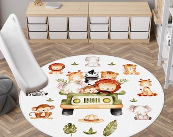 Safari Animals Car Rug, Safari Animal Lion Giraffe Elephant Desing Kids Rug,Safari Boys Room Play Mat, Non-Slip Round Rug, Kids Rug,Baby Rug