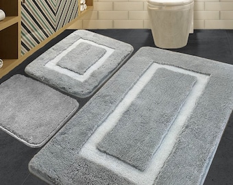 3-Piece Bath Mat Set, 3-Piece Gray Mat Set, Cabinet Set, Decor Bathroom Toilet Rug Set, Non-Slip Mat, Handmade Mat, Bath Rug, Gray Bath Mat