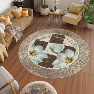 Flower Round Area Rug, Floral Living Room Rugs, Blooming Kitchen Circle Carpet, Vintage Garden Themed Anti-Slip Mat, Beige Circular Carpets