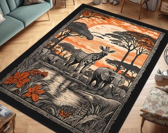 Safari patterned living room rug, African wildlife carpet, Ethnic patterned rug,Vintage style safari rug, Decorative nature patterned carpet