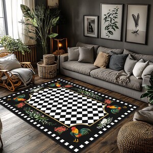 Checkered Area Rug, Black Hen Way Rug, Rooster Non-slip Rug, Rustic ...