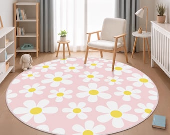 Daisy Kids Rug, Pink Daisy Play Mat, Daisy Flower Rug, Nursery Rug, Floral Daisy Carpet, Daisy Flower Pattern Round Carpet, Floral Area Rug