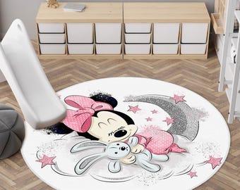 Minnie Mouse Rug,Sleeping Minnie Rug,Baby Girl PlayroomMat,Washable Round Nursery Rug,NonSlip Pink Kids Rug,Mickey Mouse Rug,Starry Kids Rug