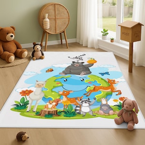 Tierteppich für Kinderzimmer, Kinderzimmer-Teppich, Dschungel-Kinderzimmerteppich, Zoo-Kinderzimmerdekor, Karte der Tiere, Kinderteppich, Waldfreunde-Waldteppich