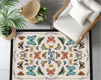 Bunter Schmetterlingsakzentteppich, Schmetterlingsteppich mit schwarzer Grenze, rutschfester Schmetterlingsteppich, farbenfroher quadratischer Teppich für den Innenbereich
