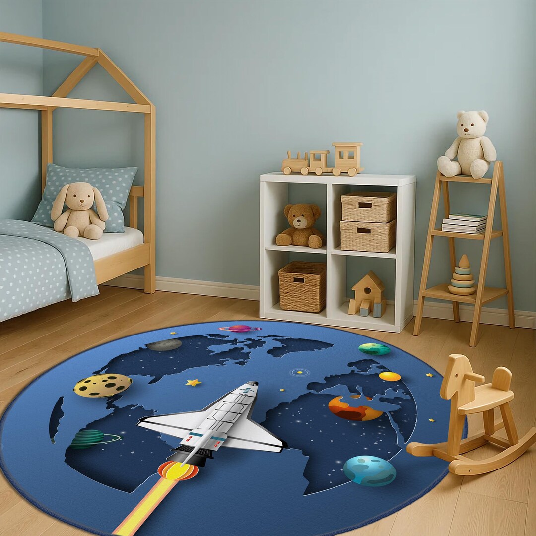 Rocket Circular Rug Space Rocket Round Kids Rug, Educational Galaxy Earth Map Kids Carpet ...