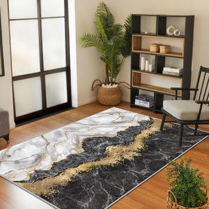 Marble Patterned Carpet, Luxury Area Rug,Elegant Black Gray Marble Area Rug,Gold Marble Living Room Rug, Luxury Abstract Design Black Carpet