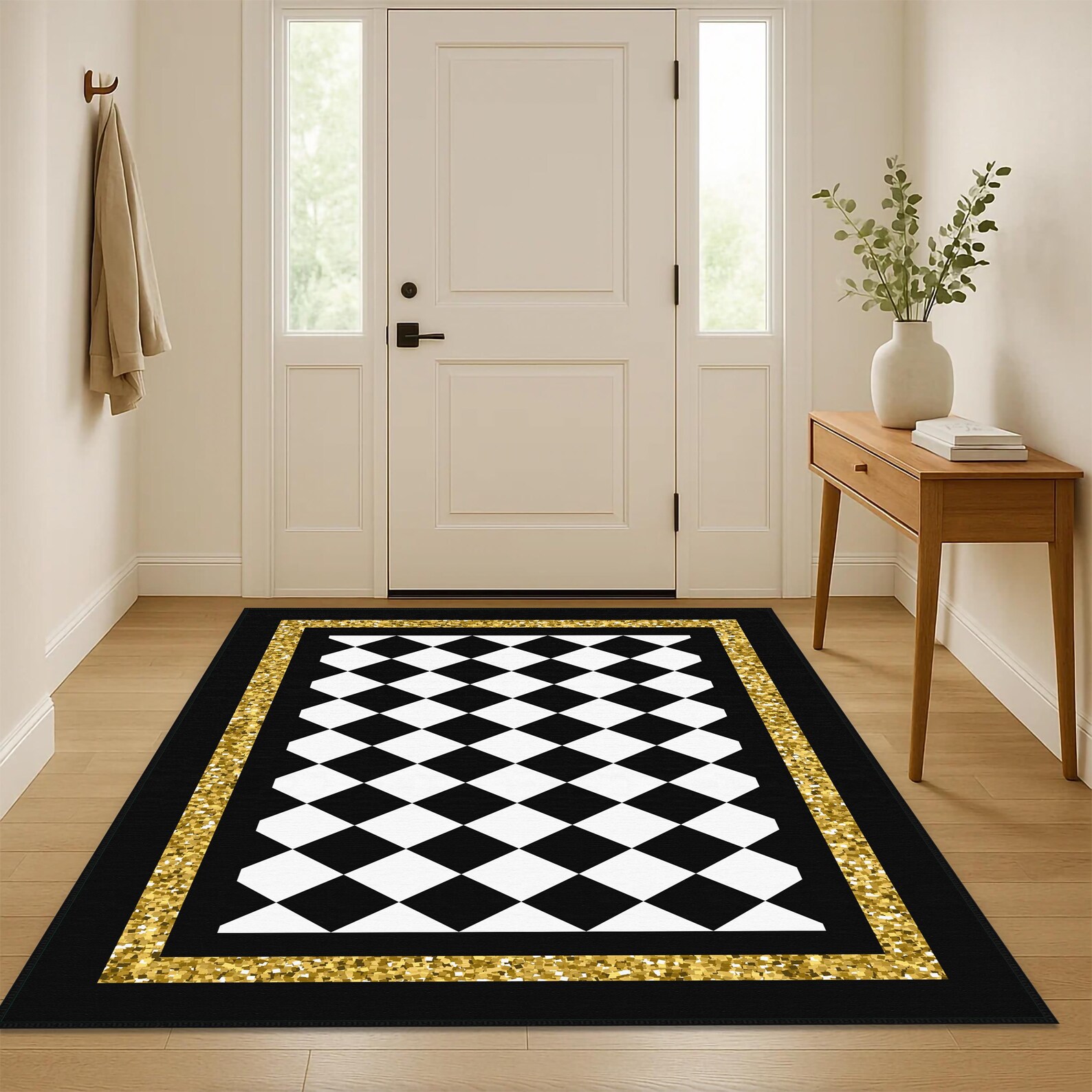 Checkered Desing Rug, Black Border Check Pattern Non Slip Area Rug ...