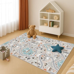 Road Playground Carpet, Soft Kids Rug, Road Patterned Kids Rug, Farmhouse Kids Rug, Kids Playroom Road Map Rug, City Design Road Kids Carpet
