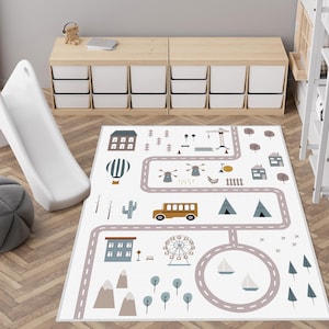 Mountain Pattern Kids Room Carpet, Road Town Map Design Playroom Rug, Soft Washable Nursery Carpet, Crawling Mat, Road Car Desing Kids Rug