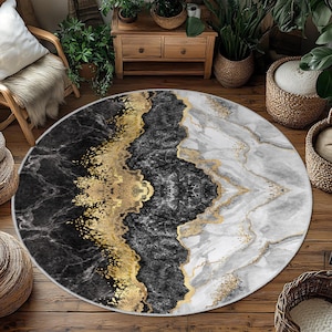 Black Color Marble Rug, Luxury Marble Round Carpet, Black Marble Carpet,  Elegant Black Gray Marble Round Rug, Gold Accents Living Room Rug