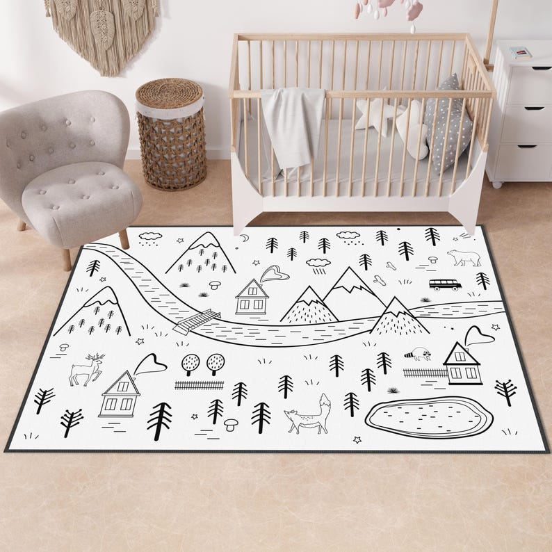 Cozy Black and White Kids Rug With Nature and Animal Illustrations for ...