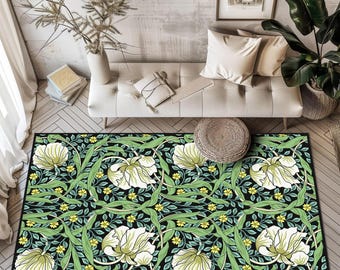 William Morris Inspired Floral Area Rug, Vintage Style Floral Design Rug,Green and White Floral Rug for Living Room, Leaf Floral Home Carpet