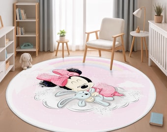 Minnie Mouse Baby Rug, Cute Mickey Mouse Kids Carpet, Baby Girl Playroom Mat, Washable Round Nursery Rug, Non Slip Kids Rug, Pink Kids Rug