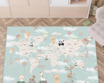May include: A rectangular area rug featuring a world map design in soft pastel colors against a light blue cloudy sky background. The map includes illustrations of various animals, hot air balloons, and small wagons across the continents.