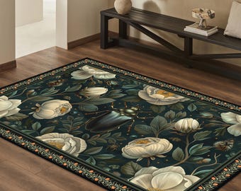 Black Floral Gothic Rug, Elegant Floral Insect Rug with Dark Green Background, Antique Style Home Decor Area Rug for Living Room, Bedroom,