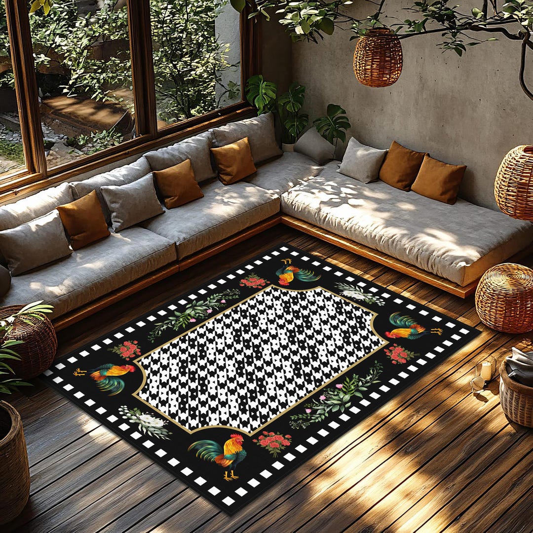 Checkered Area Rug, Black Checkered Rug, Rooster Non-slip Mat ...