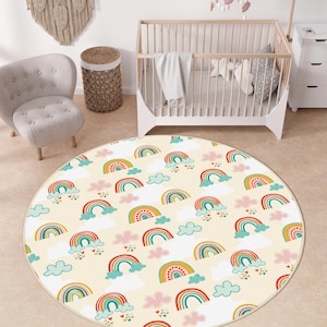 Colorful Rainbow Kids Carpet, Cloud Pattern Kids Rug, Soft Playroom Mat, Kids Bedroom Carpet, Rainbow Desing Baby Rug, Boho Themed Kids Rug