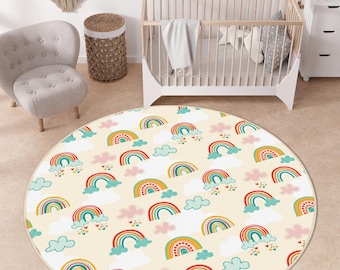 Alfombra infantil con diseño de arcoíris de colores, con estampado de nubes, suave para sala de juegos, para dormitorio infantil, con diseño de arcoíris, estilo bohemio.