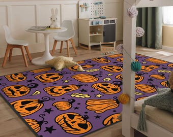 Alfombra de calabaza naranja para Halloween: decoración otoñal, alfombra morada, alfombra con estampado de Jack-O-Lantern, decoración espeluznante para el hogar.