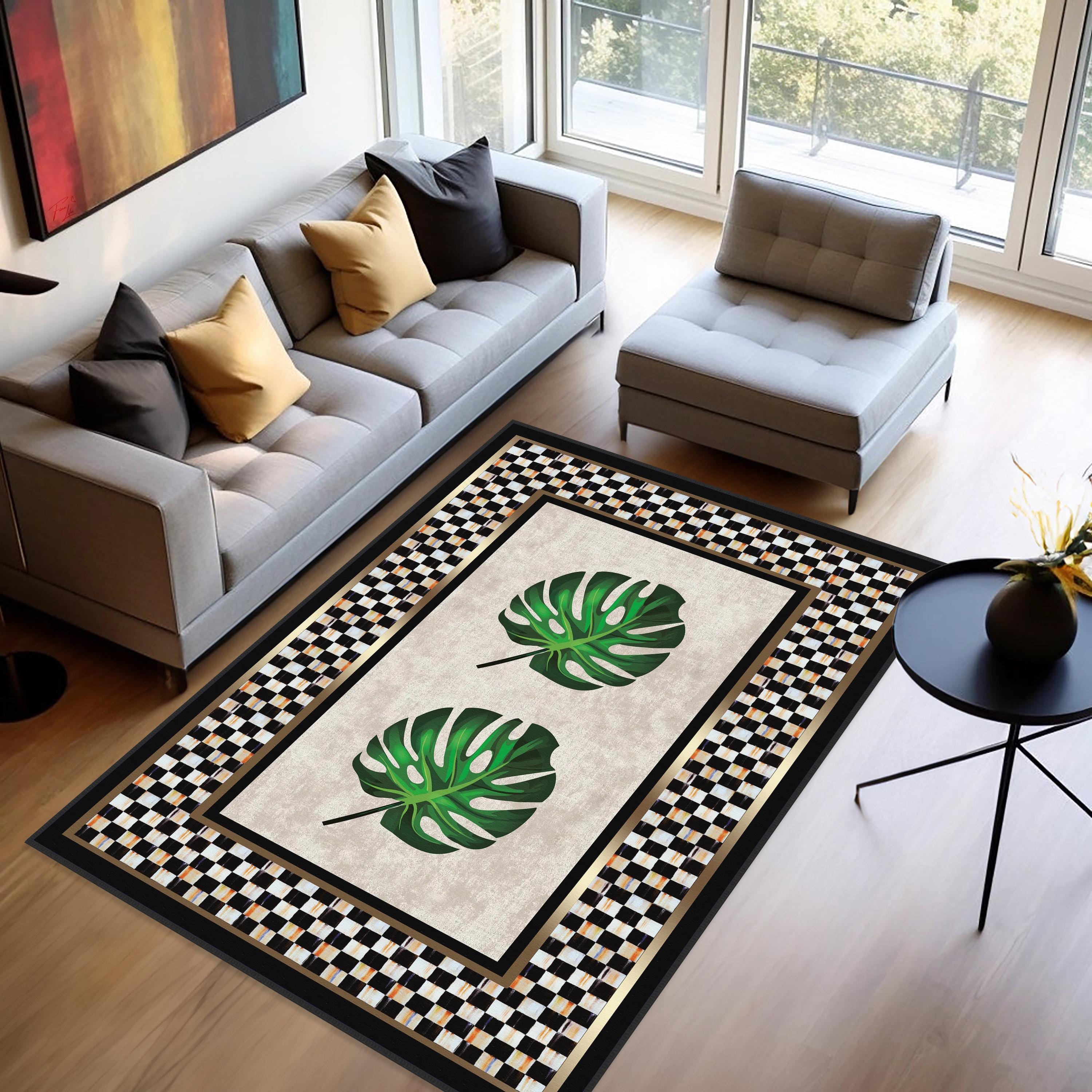 Checkered Rug, Black Border on Check Pattern Area Rug, Black and White ...