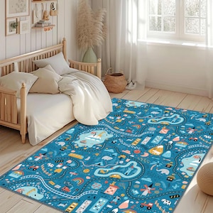 Kleurrijk stadskaart kinderkleed, blauwe speelmat met wegen, safaridieren, treinen gebouwen voor kinderkamer speelkamer, autoweg kindertapijt, babytapijt