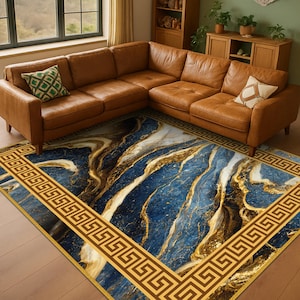 Gold Carpet, Luxury Blue and Gold Marble Area Rug, Gold Marble Pattern Carpet, Gold Greek Rug, Elegant Greek Key Border Living Room Carpet