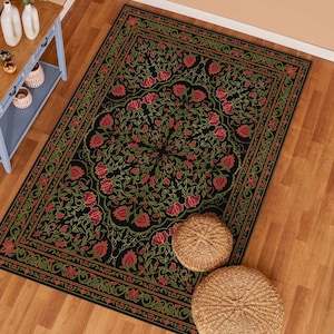 William Morris Style Floral Black Rug, Green Leaves Desing Rug, William Morris Patterns Rug, William Morris Style Rug, Vintage Floral Carpet