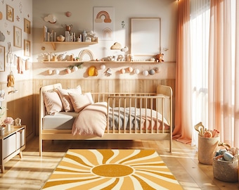 Sun Kids Area Rug, Yellow Boho Kids Rug, Scandinavian Floor Mat, Abstract Home Decor, Sun Kids Carpet, Boho Aesthetic Home Rug, Sunbeam Rug