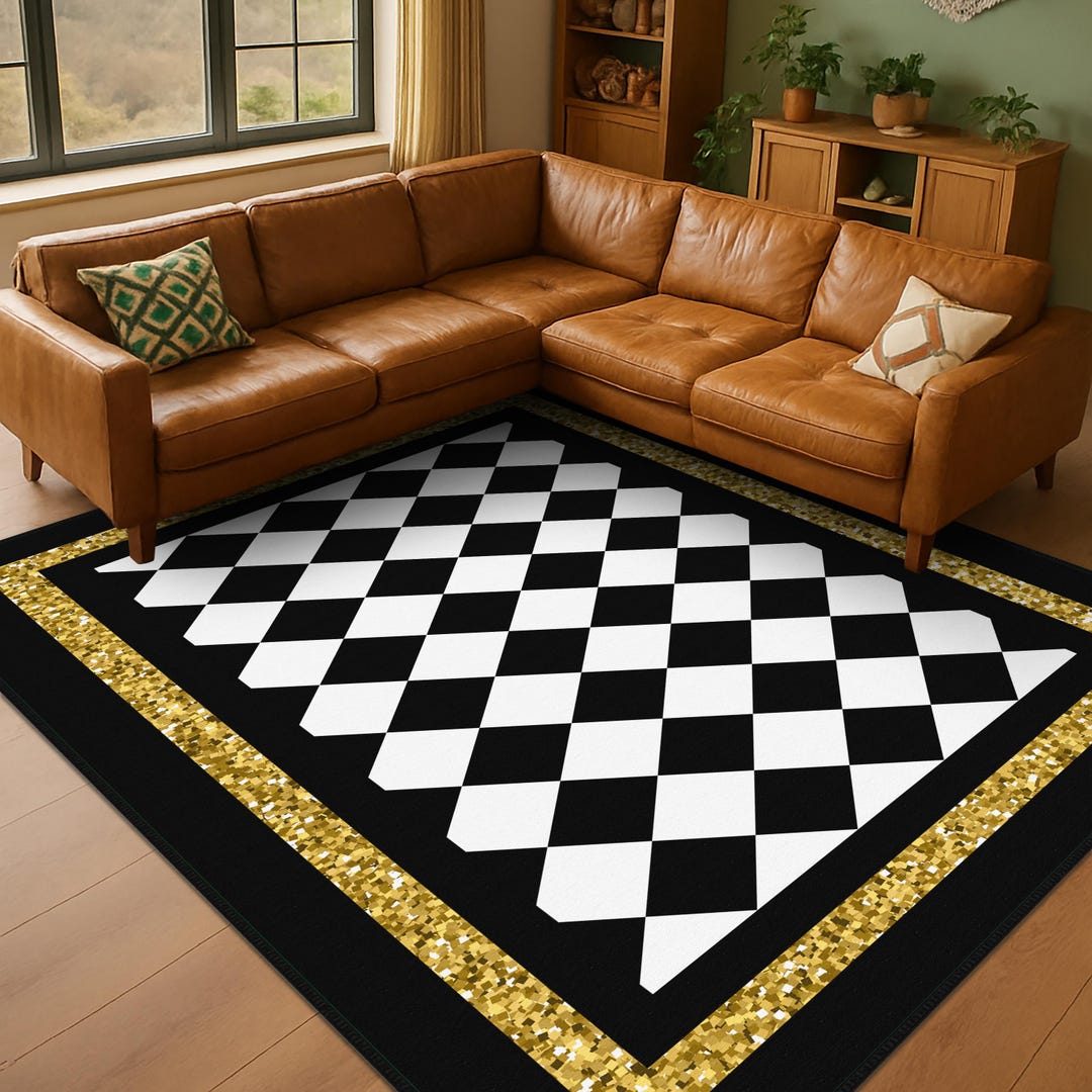 Markered Rug Checkered Desing Rug, Black Border Check Pattern Non Slip Area Rug ...