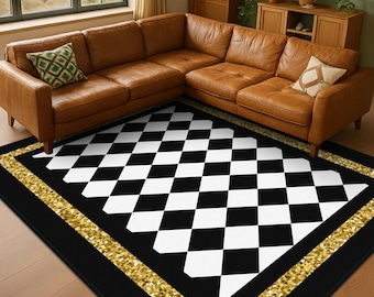 Alfombra de diseño a cuadros, antideslizante, con borde negro, para sala de estar, en blanco y negro, con rombos blancos y negros.