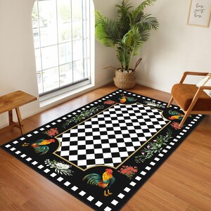 Checkered Area Rug, Black Hen Way Rug, Rooster Non-slip Rug, Rustic ...
