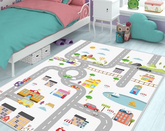 City Kids Rug, Road Playground Carpet, Nursery Kids Carpet, Road Patterned Kids Rug, Mountain Kids Rug Nursery Rug, Raod Playroom Mat,Custom