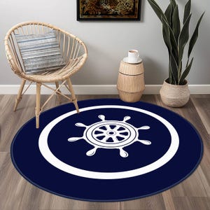 Nautical Steering Wheel Round Rug, Anchor Rug, Sailor Marina Rug, Anchor Area Carpet, Blue Rudder Rug, Sailor Decor Rug, Marine Round Carpet