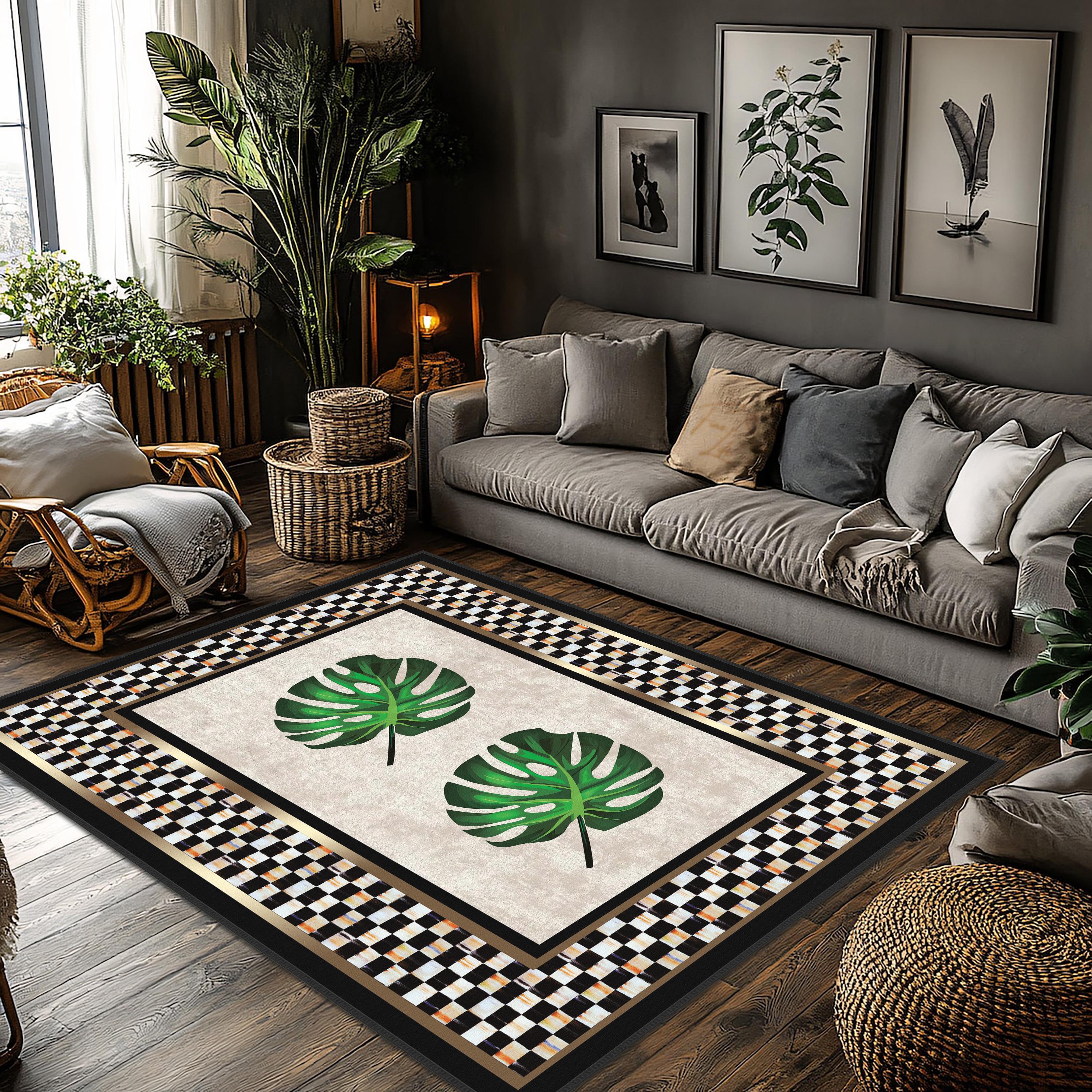 Checkered Rug, Black Border on Check Pattern Area Rug, Black and White ...