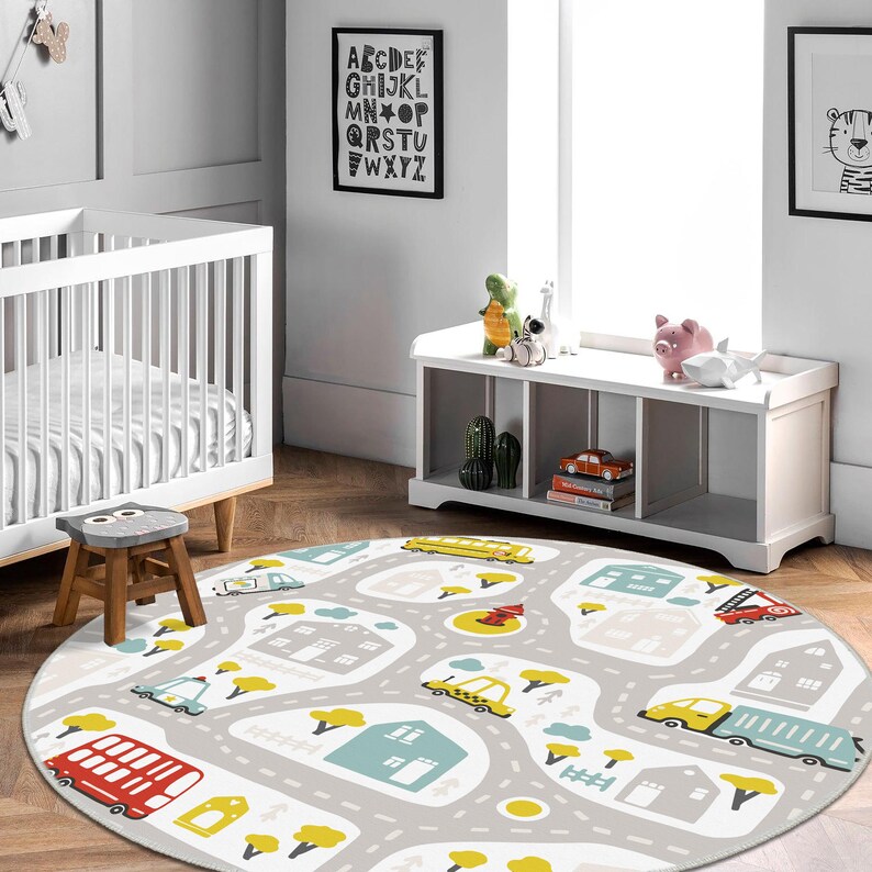 Car Road Kids Carpet, Non-slip Kids Rug, Nursery Rug, Yellow Bus Fire ...
