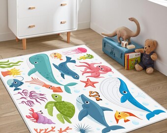 Tapis dauphins, animaux sous-marins, tapis pour enfants, requins baleines, poissons, poulpes, tortues de mer, méduses, tapis pour enfants mignon sur le thème des animaux marins
