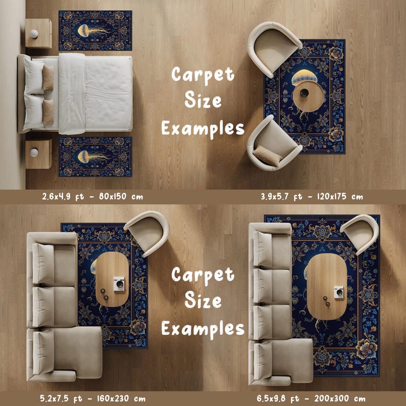 May include: A top-down view showing four carpet size examples with a dark blue background, gold floral patterns, and a central jellyfish illustration. The text reads Carpet Size Examples with dimensions 2.6x4.9 ft, 3.9x5.7 ft, 5.2x7.5 ft, and 6.5x9.8 ft.
