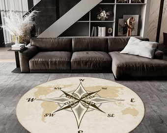 Tapete redondo com design de bússola: tapete com padrão de bússola, tapete redondo com bússola, tapete com design de mapa-múndi
