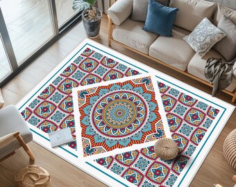 Mandala-mönstermatta, mjuka mandalamattor, livfullt mandala-mönster, matta med geometriska mönster, boho-inspirerad vardagsrumsmatta