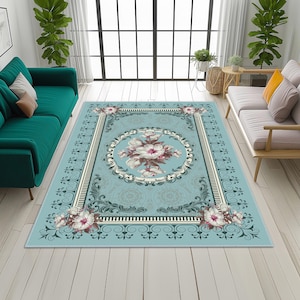 Vintage Floral Rug for Living Room, Blue Oriental Area Carpet with Bordered Design, Elegant Persian Style Accent Mat, Pink Floral Carpet