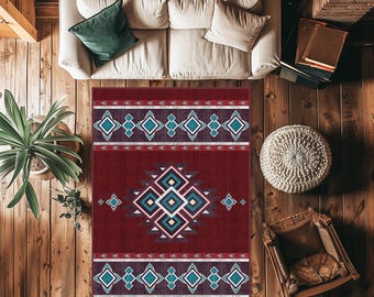 Turkish Rug,Burgundy Red And Blue Rug,Custom Size Carpet,Decorative Boho Home Rug,Vintage Style Area Rugs For Bedroom, Vintage Oriental Rugs