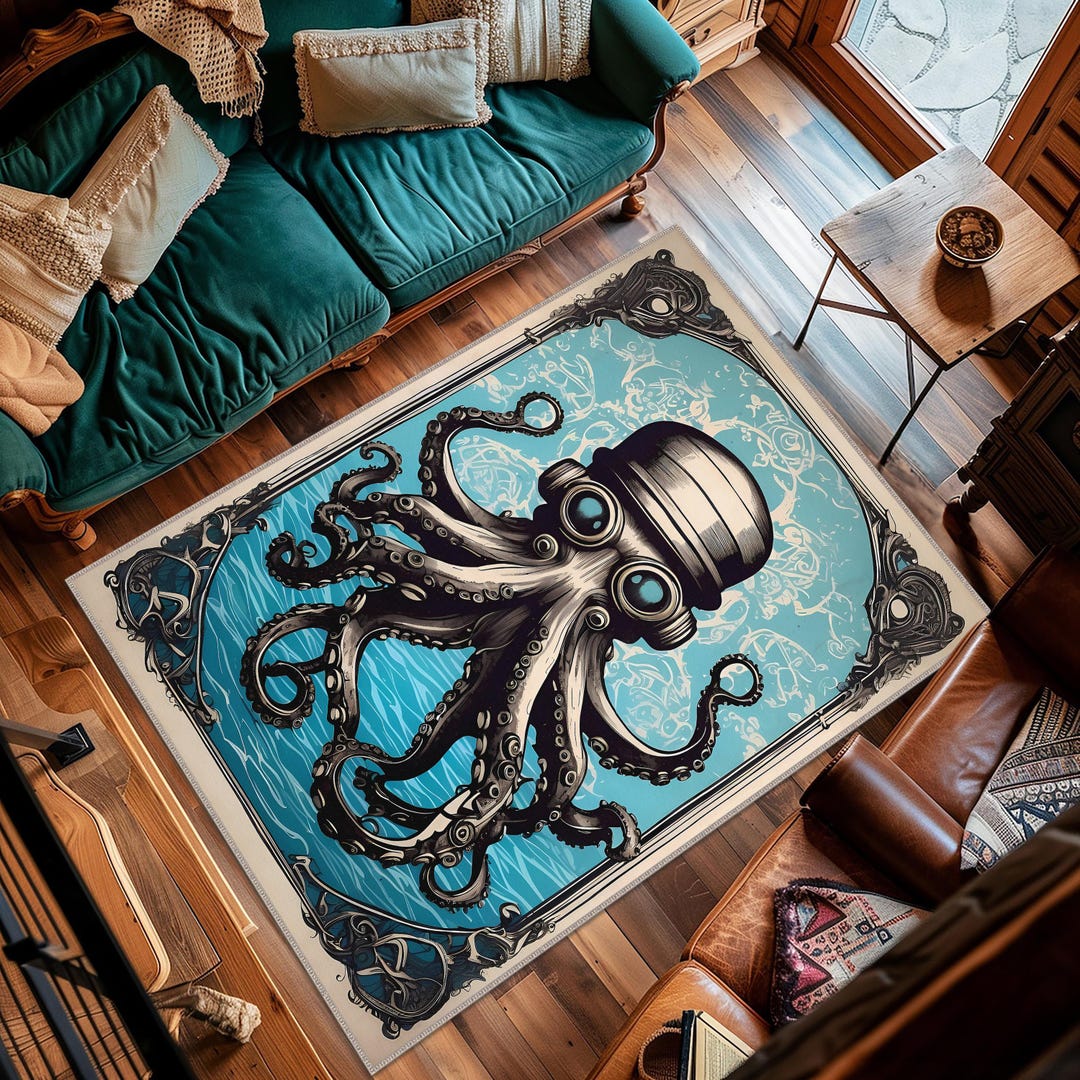 Steampunk Octopus Area Rug With Top Hat Design, Unique Ocean Creature ...