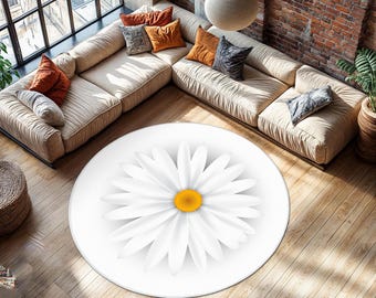 Modern Round Daisy Flower Rug, White Floral Carpet Floral Accent Rug, Nature Round Carpet, Bohemian Washable Rug, White Daisy Desing Carpet