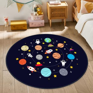 Space Themed Cute Kid&#39;s Rug,Adventurous Astronaut Childen&#39;s Mat,Navy Blue Baby Room Carpet,Kids Room Decor,Kinderkarten,Play Mat With Rocket