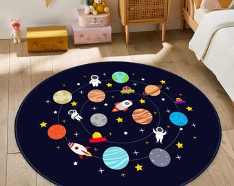 Space Themed Cute Kid&#39;s Rug,Adventurous Astronaut Childen&#39;s Mat,Navy Blue Baby Room Carpet,Kids Room Decor,Kinderkarten,Play Mat With Rocket