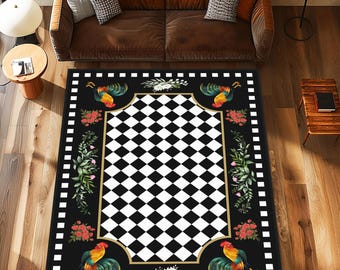 Checkered Desing Area Rug, Farmhouse Rooster Checkered Area Rug, Rooster Non-Slip Rug, Rooster Floor Mat, Rooster Rug, Rooster Patterned Rug