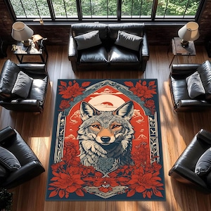 Wolf figured rug,Animal figured rug,Wolf Area Rug with Boho Floral Pattern,Red and Blue Animal Print Rug for Living Room, Rustic Wolf Carpet