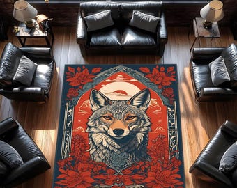 Wolf figured rug,Animal figured rug,Wolf Area Rug with Boho Floral Pattern,Red and Blue Animal Print Rug for Living Room, Rustic Wolf Carpet