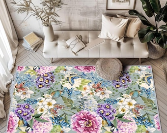 Tapis à fleurs colorées, tapis de salon à fleurs, tapis tropical, tapis botanique, tapis à fleurs roses, tapis à fleurs d'oiseaux, tapis de jardin de papillons,